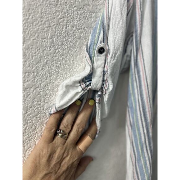 CHRISTOPHER BANKS Womens Sz L Linen Blend Top White‎ Stripe Metalic Thread - Picture 2 of 10